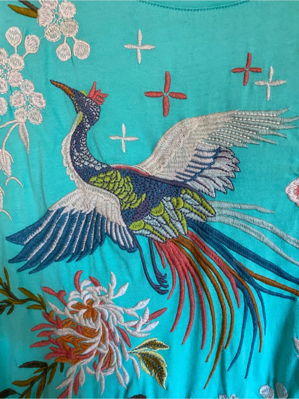 Johnny Was Aqua shirt pullover embroidered bird 2X- new without tags - Picture 4 of 5